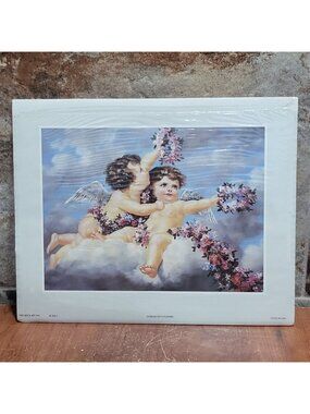 Vintage Unframed Cherubs with Flowers Art Print 1995